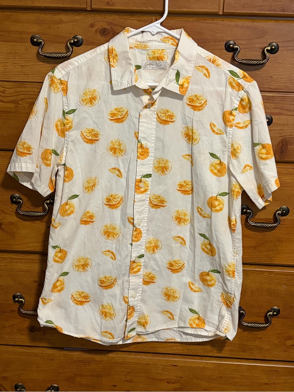 Cotton & Co. White Short-Sleeve Button-Down with Orange Print
